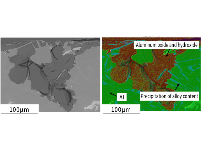 Cross-sectional and element mapped SEM image of corroded aluminum alloy